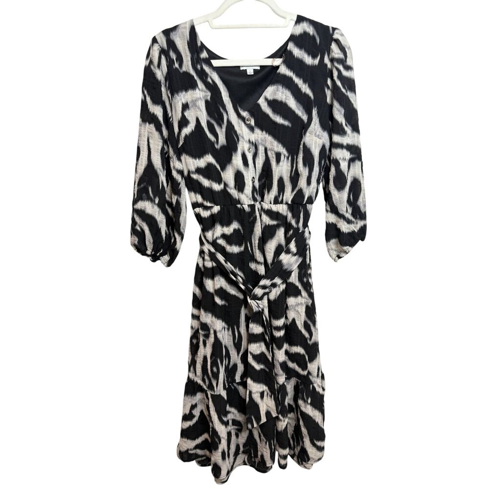 Luxology Black White Animal Print Midi Dress Belted Puff Sleeve Size L